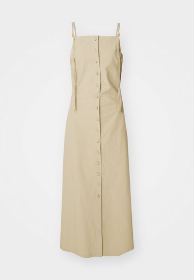 Khaki midi obleka s spaghetti naramnicami, sprednjim gumbastim zapiranjem in minimalisticnim dizajnom iz mehkega, teksturiranega materiala. Brez vzorcev ali okrasnih elementov.