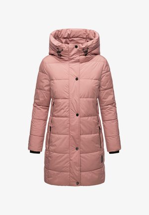 Pinker gepolsterter Mantel mit hohem Kragen, geraffter Kapuze, Druckknöpfen und Seitentaschen. Verfügt über ein gestepptes Design und eine weiche Textur.