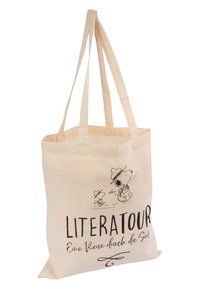 Borsa in cotone naturale con manici lunghi, con disegni in linea nera di cani cartoon e testo: "LITERATOUR Una viaggio attraverso le pagine."