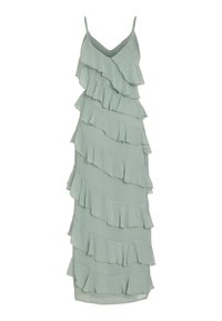 Lysegrønn kjole laget av lag med chiffon-stoff; har spiralruffler og tynne skulderstropper; knelengde design.