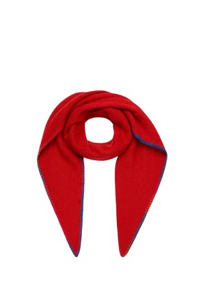 Rotes dreieckiges Tuch mit blauer Zickzacknaht entlang der Ränder, flach liegend mit nach unten zeigenden Enden.