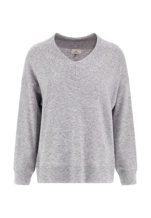 Pullover grigio in cotone con scollo a V, spalle scese e polsini a costine. Tessuto morbido con una sottile lucentezza. Vestibilità casual e rilassata.