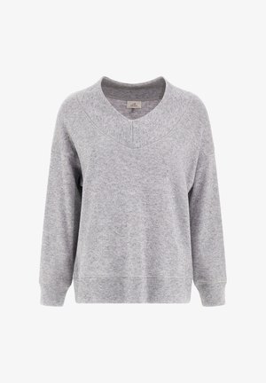 Gray cotton pullover with a V-neck, dropped shoulders, and ribbed cuffs. Soft texture with a subtle sheen. Casual, relaxed fit.