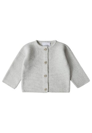 Light gray knitted cardigan with long sleeves, round neckline, and five wooden buttons on the front, featuring a textured stitch pattern.