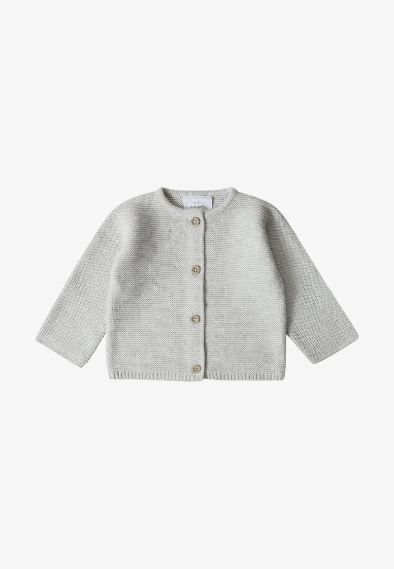 Cardigan lavorato a maglia grigio chiaro con maniche lunghe, scollatura rotonda e cinque bottoni in legno sul davanti, caratterizzato da un motivo a punto testurizzato.