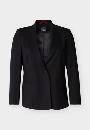 Sacou negru cu un singur nasture, rever cu decupaj, mâneci lungi și două buzunare frontale, prezentat pe un fundal alb.