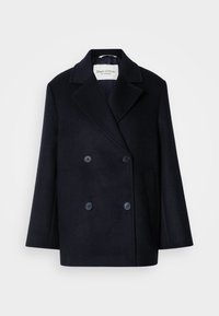 Navy villasekoitekangas peacoat, jossa on kaksirivinen etuosa, lovettu kaulus ja kaksi sivutaskua. Sisältää tummansiniset napit ja rennon leikkauksen.