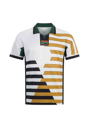 White short-sleeve sports shirt with black and gold striped geometric design and South African flag on the chest below a dark green collar.