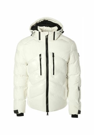 Witte pufferjack met een zwarte binnenkant, voorzien van twee ritsborstzakken, een volledige ritssluiting aan de voorkant en zwarte accentmanchetten.