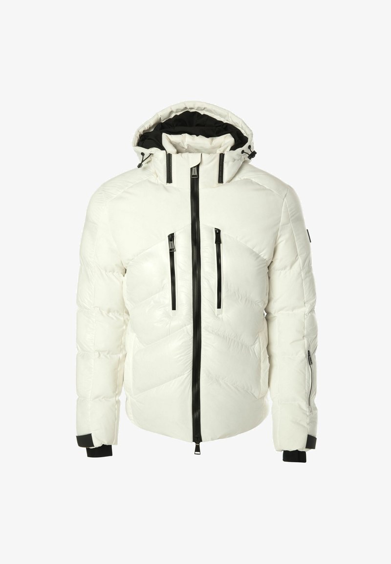 Giacca a vento bianca con interno nero, dotata di due tasche sul petto con zip, una chiusura lampo frontale completa e polsini neri in contrasto.