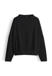 Schwarzer Pullover mit rundem Ausschnitt und langen Ärmeln. Aus einem strukturierten Stoff gefertigt und mit geripptem Saum für einen figurbetonten Abschluss.