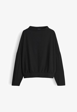 Zwarte pullover met een ronde halslijn en lange mouwen. Heeft een textuurstof en een geribbelde zoom voor een aangesloten afwerking.