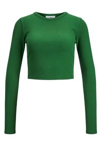Grünes geripptes Langarm-Crop-Top mit rundem Ausschnitt und enganliegender Passform, das eine glatte Textur und gleichmäßige Farbausprägung aufweist.