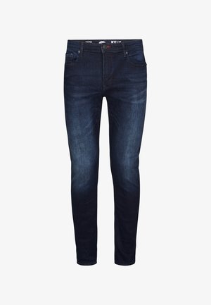 Dunkelblaue Slim-Fit-Jeans mit vorderer Knopf- und Reißverschluss sowie sichtbaren Vordertaschen vor weißem Hintergrund.