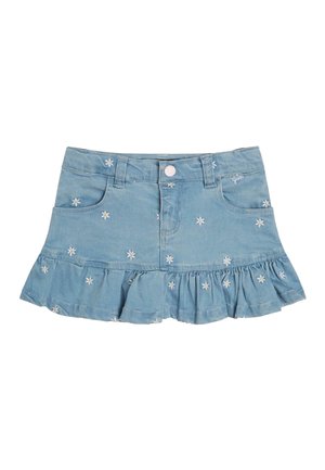 Jeansrock in Hellblau mit gerafftem Saum. Verfügt über weiße Blumenstickerei und ein Fünf-Taschen-Design mit vorderer Knopfverschluss.