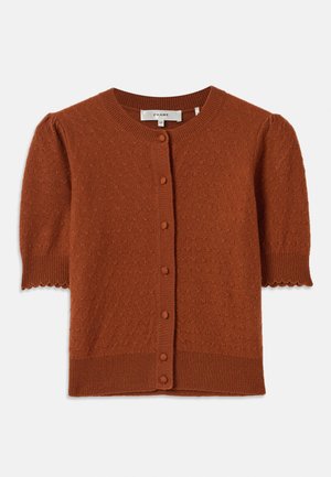 Short-sleeve cardigan in rust-colored knit fabric. Features a round neck, button front, textured pattern, and scalloped sleeve hems.