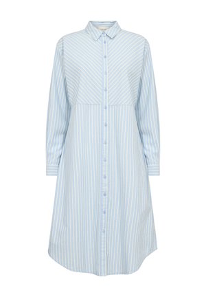 Heleheline triibuline särgimekko, mis on varustatud nööpide ette, krae ja pikkade varrukatega. Kangas on pehme ja sile; äär on ümar.