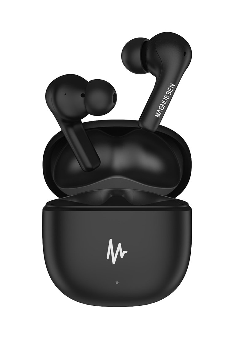 Schwarze kabellose Ohrhörer mit einer kompakten Ladehülle. Glattes, abgerundetes Design mit einer eleganten schwarzen Oberfläche und minimaler weißer Markenkennzeichnung.