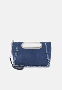 Denim clutch bag with frayed edges, silver hardware, and a clear top handle. Features a detachable chain strap for versatile carrying.