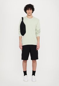 Felpa verde chiaro, pantaloni corti neri e sneaker bianche. Il modello indossa una borsa a tracolla nera e si trova di fronte a uno sfondo bianco.