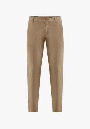 Pantaloni in cotone beige con vestibilità slim, frontale piatto e chiusura a pulsante singolo. Presentano passanti per la cintura e gambe dritte. Senza motivi visibili.