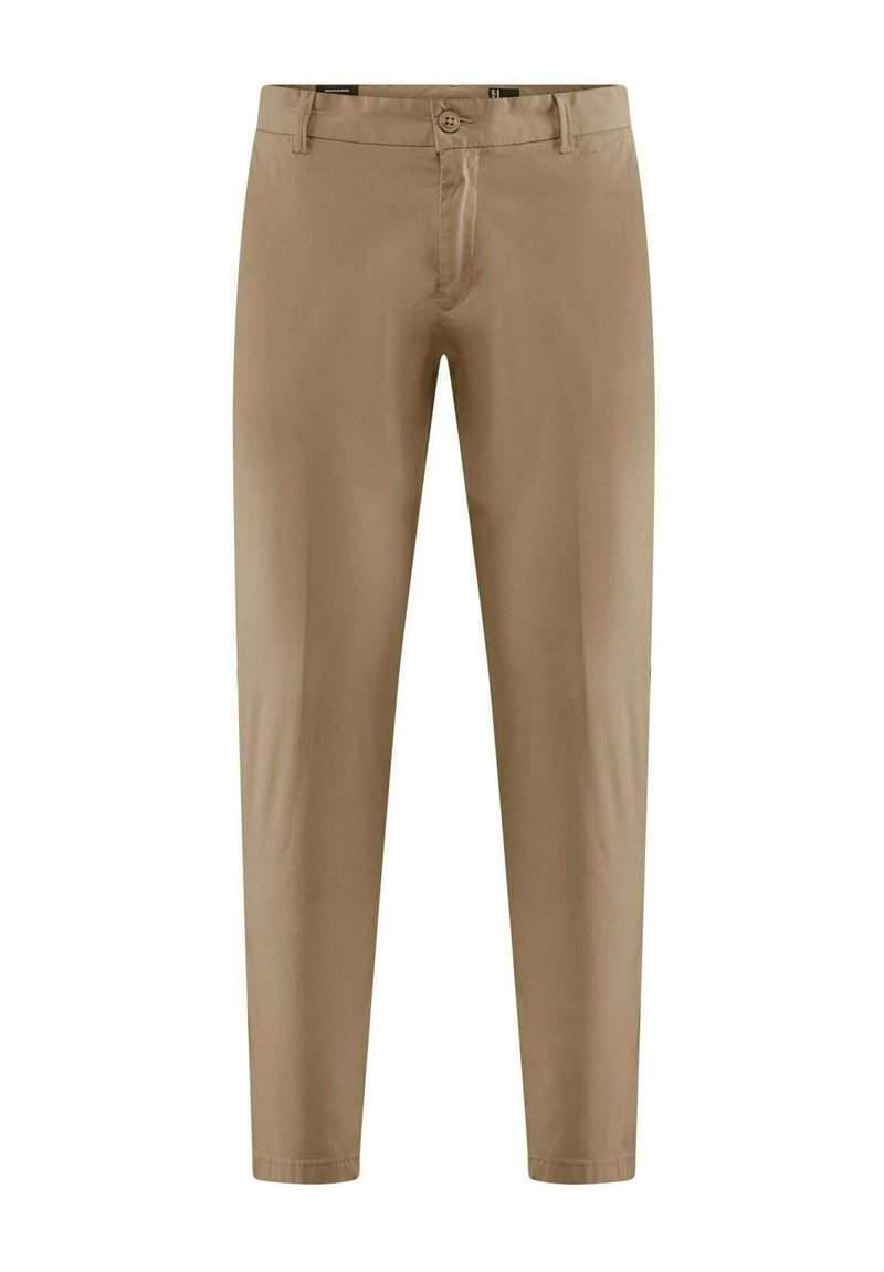 Pantaloni in cotone beige con vestibilità slim, frontale piatto e chiusura a pulsante singolo. Presentano passanti per la cintura e gambe dritte. Senza motivi visibili.