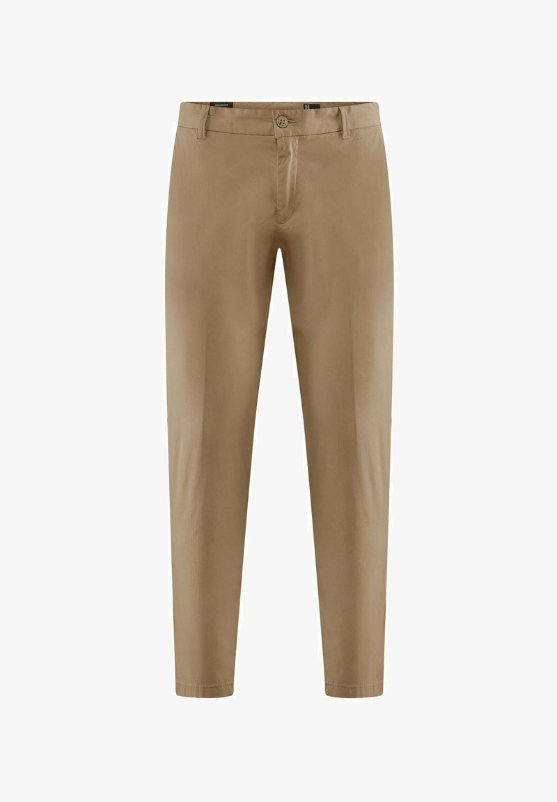 Beige katoenen broek met een slim fit, rechte broekspijpen en enkele knoopsluiting. Voorzien van riemlussen en rechte pijpen. Geen zichtbare patronen.
