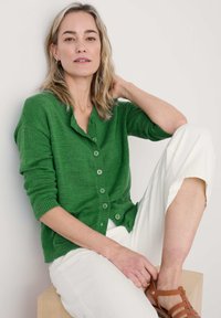 Zaļš adīts džemperis ar pogām, ar teksturētu audumu, uzvilkts virs baltām biksēm. Brūni sandales ar siksniņām noslēdz tērpu. Neitrāla fona.