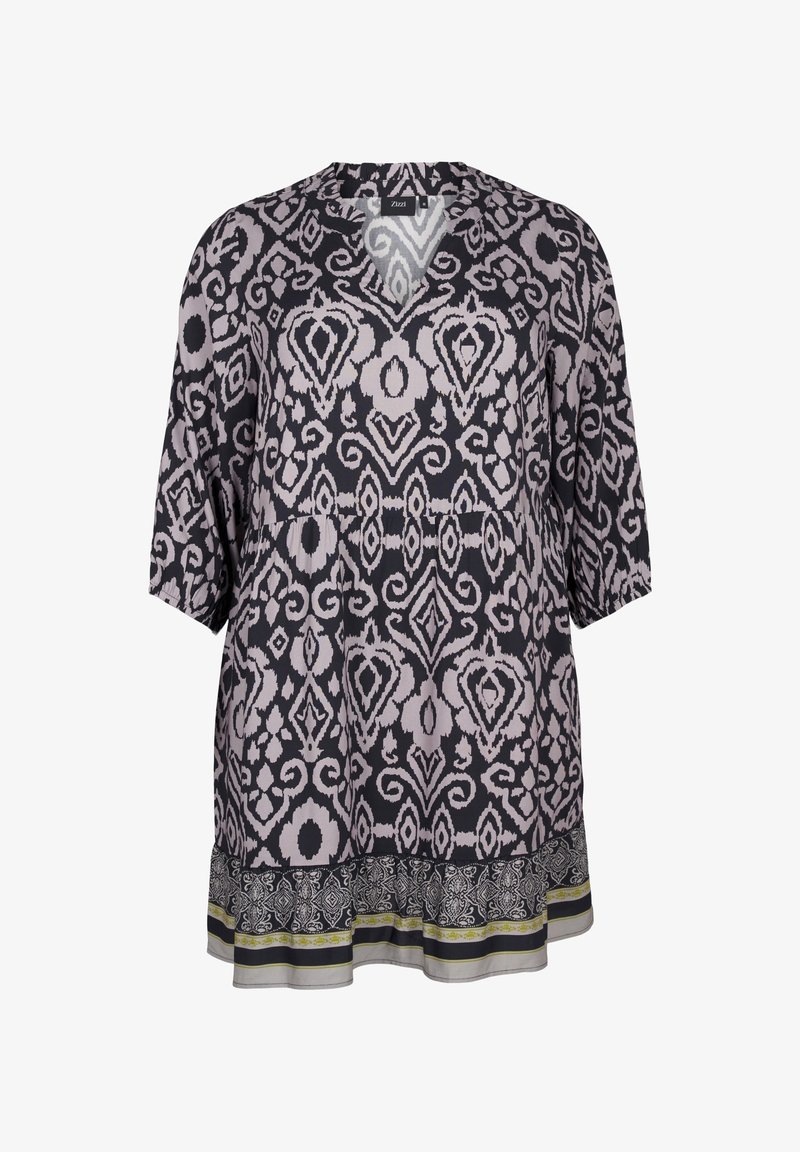 Svart och ljusrosa mönstrad tunika med V-ringning, korta ärmar och en dekorativ kant med ett geometriskt mönster i nederkant.