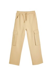 Beige cargo bukser med elastisk talje, snoretræk, sidelommer og to store påsyede lommer på lårene. Blødt stof.