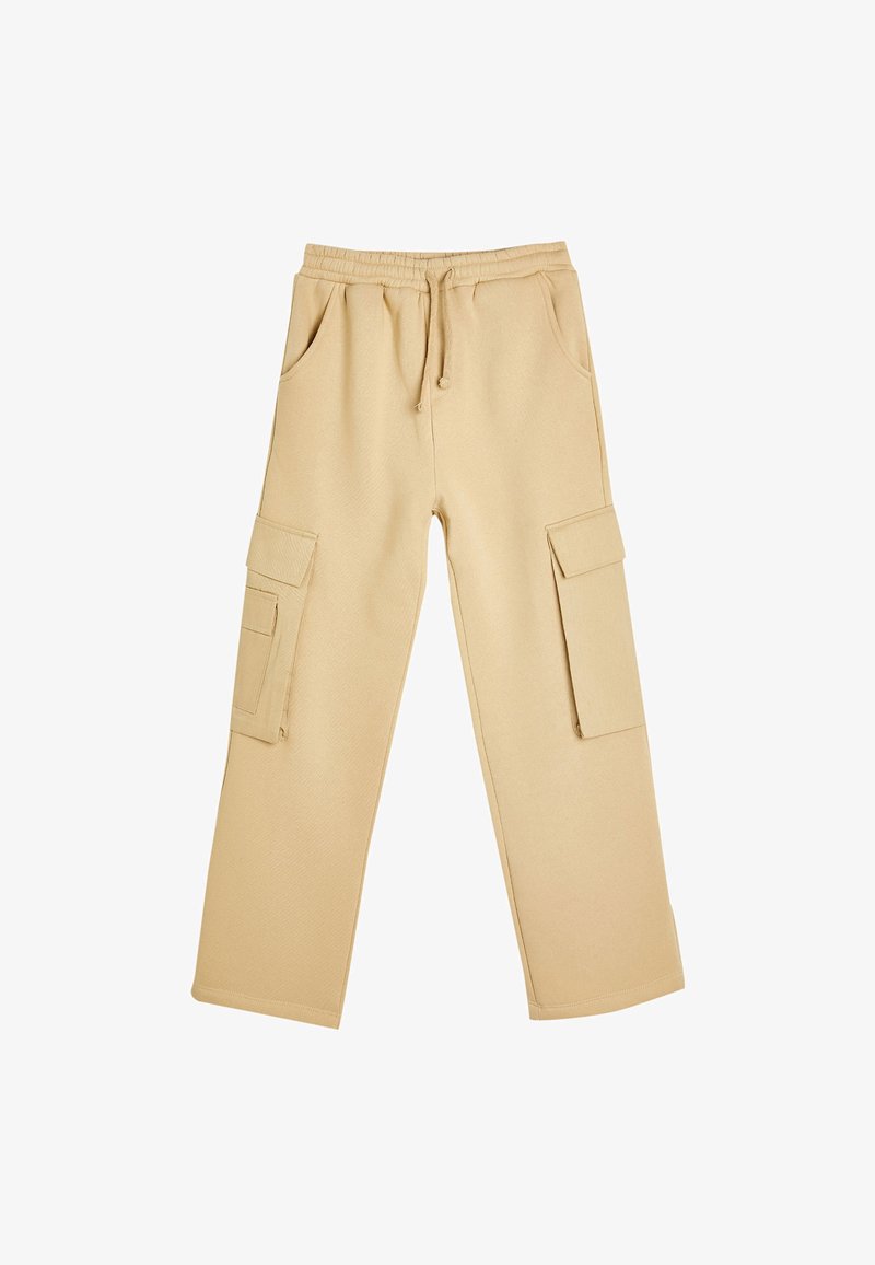 Beige cargo bukser med elastisk talje, snoretræk, sidelommer og to store påsyede lommer på lårene. Blødt stof.