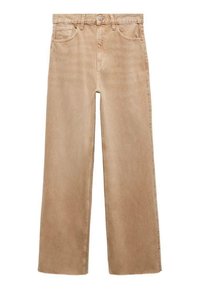Jeans beige a gamba larga realizzati in morbido cotone. Presentano un design a cinque tasche, chiusura con bottone e dettagli cuciti lungo le cuciture.