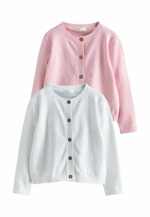 Two buttoned cardigans, one light pink and one white, both with round necks and long sleeves, layered on a white background.