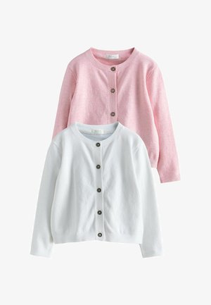 Two buttoned cardigans, one light pink and one white, both with round necks and long sleeves, layered on a white background.