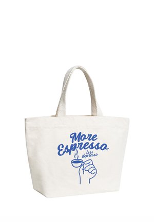 White canvas tote bag with short handles, printed blue text "More Espresso less depresso" and a hand holding a small steaming espresso cup.