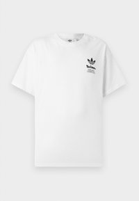 White cotton t-shirt with short sleeves, featuring a black Adidas logo on the upper left chest and graphic text below. Plain design.
