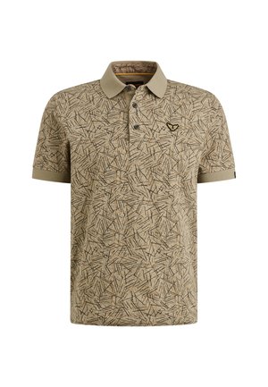 Beige polo shirt met korte mouwen en een zwart abstract patroon, twee-knopen sluiting en een klein logo op de borst. Gemaakt van een katoenen blend.