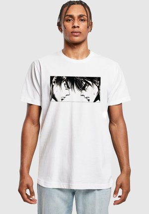 White cotton t-shirt featuring a black and white graphic of two characters facing each other, highlighting facial expressions and hair detail.