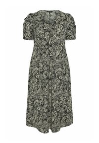 Svart och krämfärgad klänning med paisleymönster, korta puffärmar, v-ringning och åtsittande midja, som övergår i en knälång kjol.