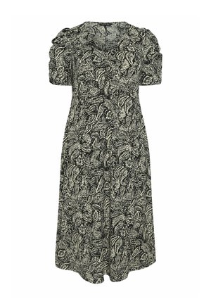 Czarna i kremowa sukienka w wzór paisley z krótkimi bufkami, dekoltem w szpic i dopasowanym korpusem, przechodząca w spódnicę do kolan.