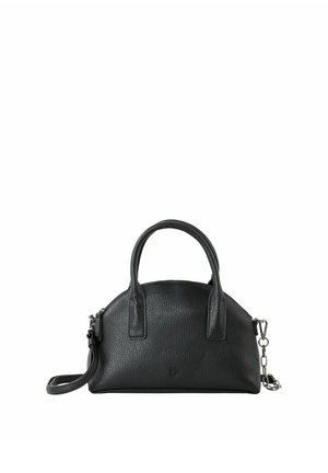 Sac à main en cuir noir avec une forme arrondie, deux anses, une bandoulière détachable et une texture discrète. Présente des accents en métal argenté.