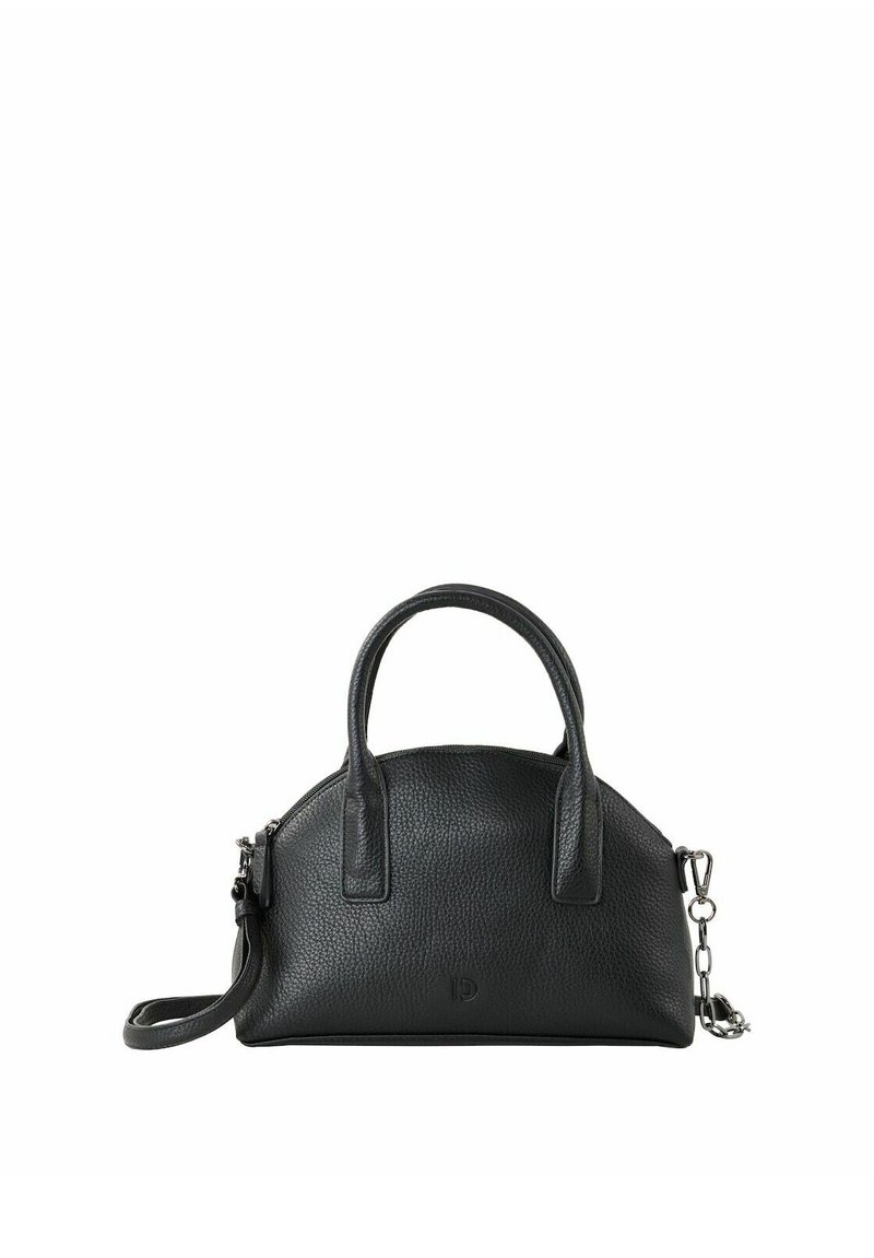 Borsa a mano in pelle nera con forma curva, doppio manico, tracolla staccabile e texture sottile. Presenta dettagli in metallo argento.