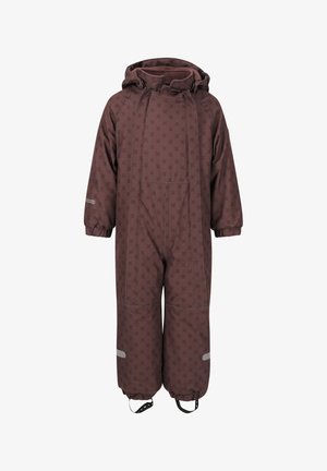 Combinaison de neige pour enfants bordeaux avec un motif géométrique, capuche, poignets élastiques, sections renforcées et bretelles réglables aux chevilles.