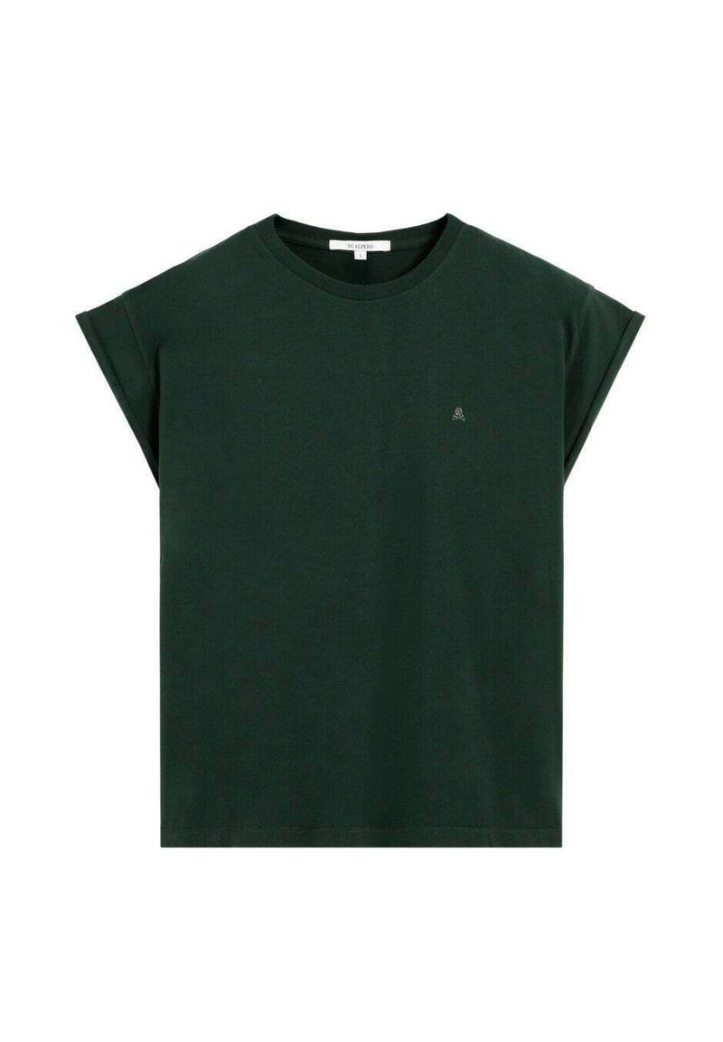 Camiseta de algodón verde oscuro con un escote redondo y mangas cortas enrolladas. Presenta un pequeño y sutil logo en el pecho. Diseño simple.