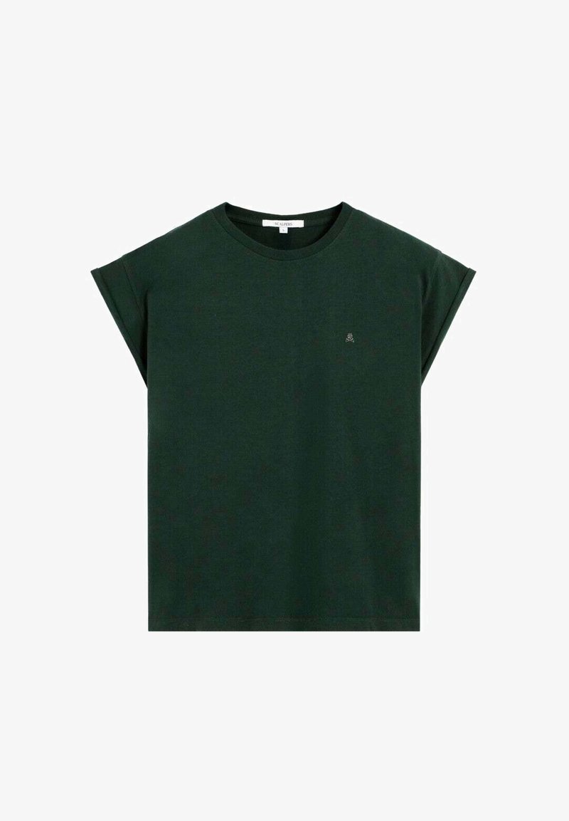 Donkergroene katoenen t-shirt met een ronde halslijn en korte omgerolde mouwen. Voorzien van een klein, subtiel logo op de borst. Eenvoudig ontwerp.