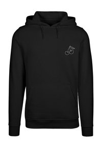Sort hættet sweatshirt med en lommesyning foran, som har et hvidt kirsebærgrafik på venstre brystområde. Blødt stof og ribbede manchetter.