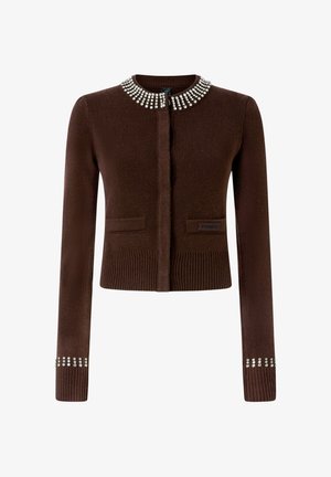Cardigan a coste marrone con colletto e polsini impreziositi di gioielli. Presenta tasche anteriori e chiusura con bottoni. Texture liscia e forma aderente.