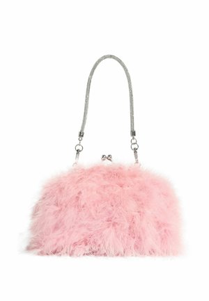Pink feathered clutch bag with silver metal clasp and detachable silver chain strap on a white background.