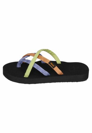 Black flip-flop sandal with multiple colored straps: green, purple, and orange. The sole is flat and made of textured material.