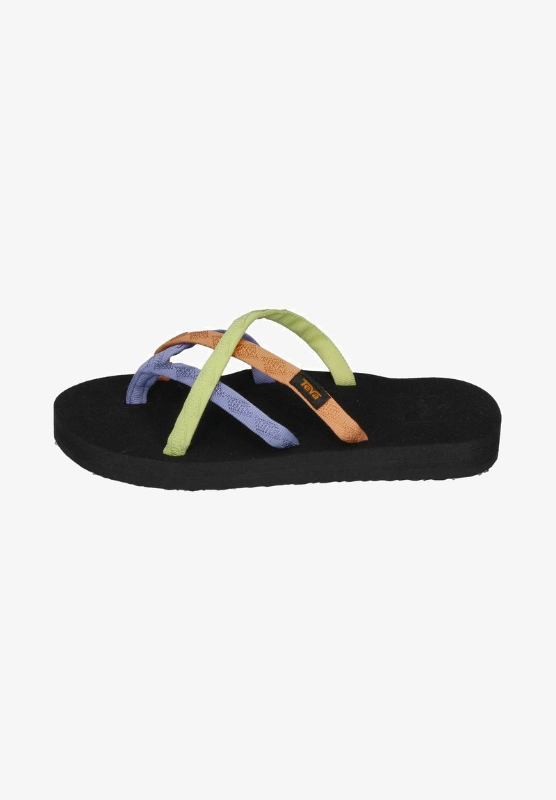 Black flip-flop sandal with multiple colored straps: green, purple, and orange. The sole is flat and made of textured material.